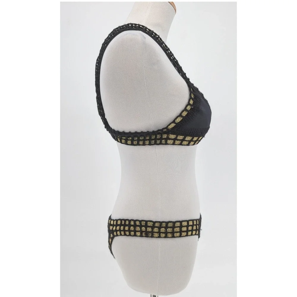 Kiini Chacha Bikini Set Women S Black Gold Crochet Trim Triangle Boho Festival - Picture 8 of 16